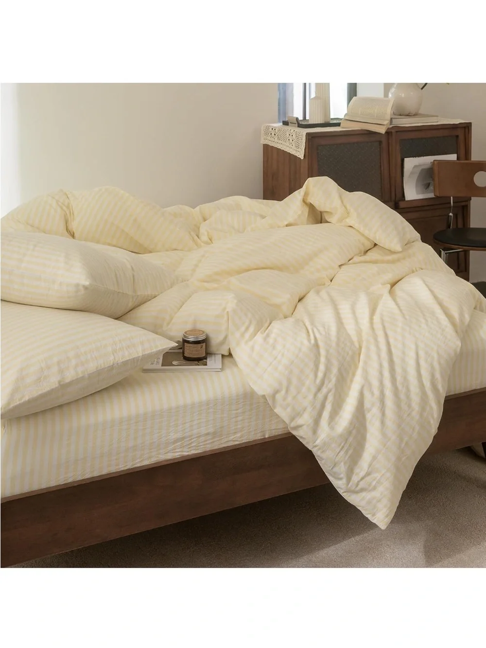 NEW FOSSA 100% Washed Cotton Striped Duvet Cover Set. Linen-Like. Pale Yellow